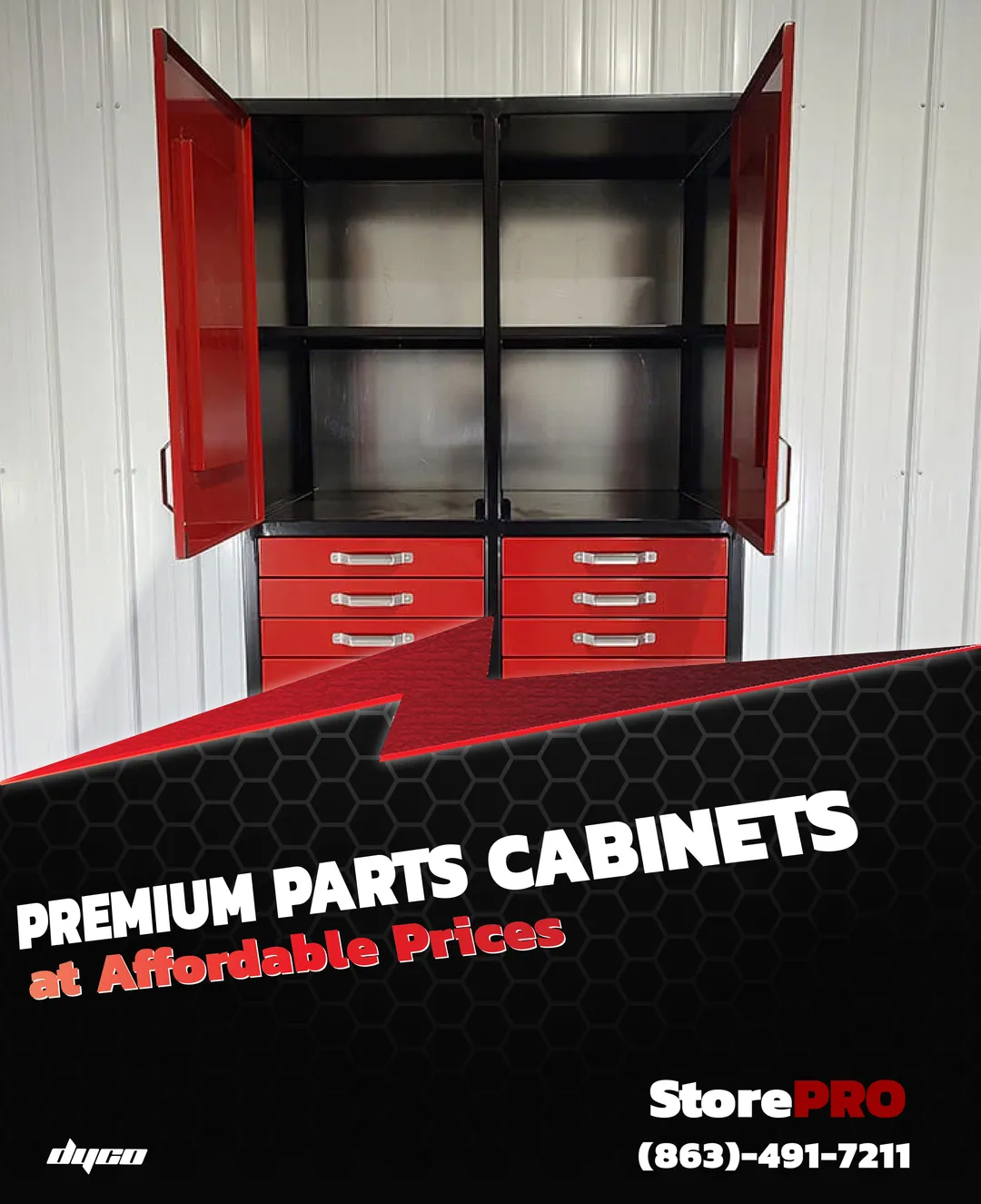 Social media post for Dyco StorePRO — Premium Parts Cabinets