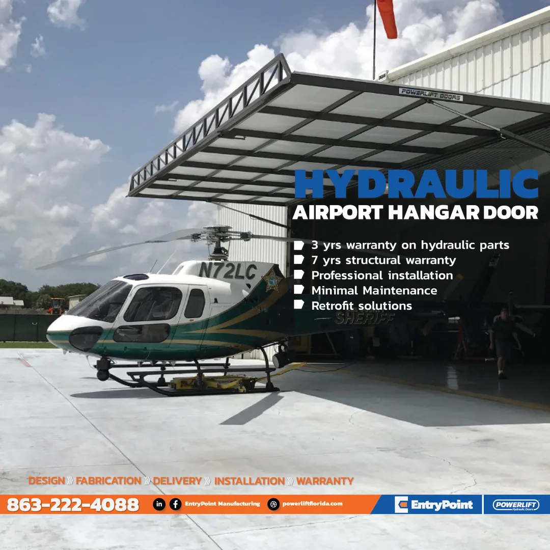 Social media post for EntryPoint Manufacturing — Hydraulic Airport Hangar Door