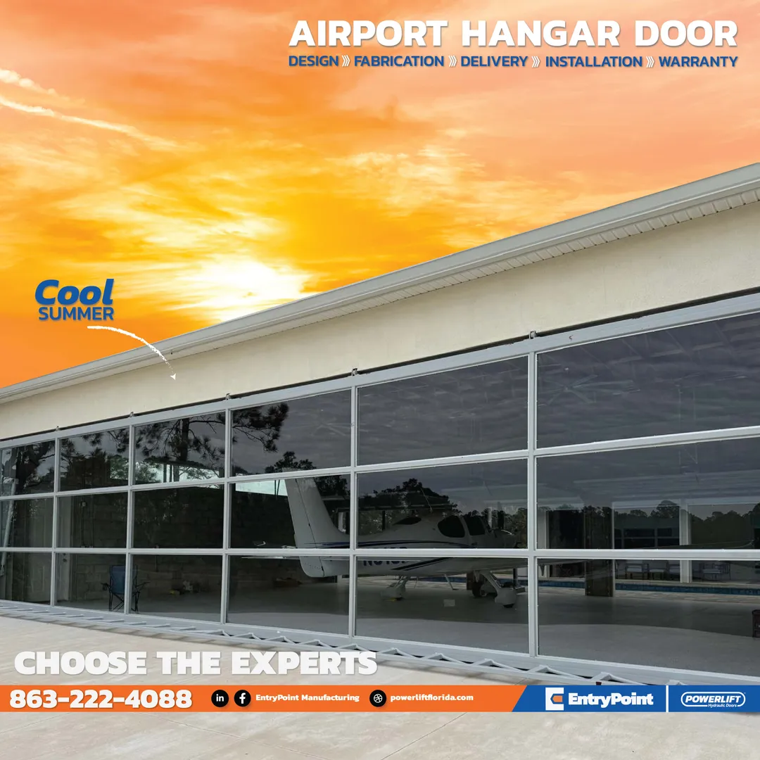 Social media post for EntryPoint Manufacturing — Airport Hangar Door at sunset